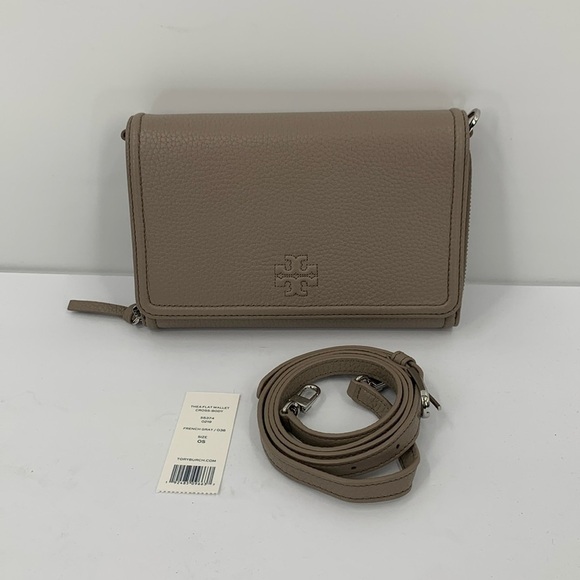 Tory Burch Thea flat crossbody wallet French gray clutch purse bag silver new - Picture 1 of 6